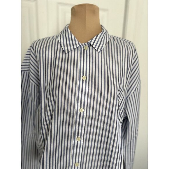 Everlane Long Sleeve Cotton Poplin Crop PJ Top blouse Blue Stripes - Picture 3 of 12